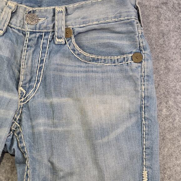 True Religion Jeans Men 33 Light Wash Joey Super T Bootcut Distress Thick Stitch - Picture 7 of 16